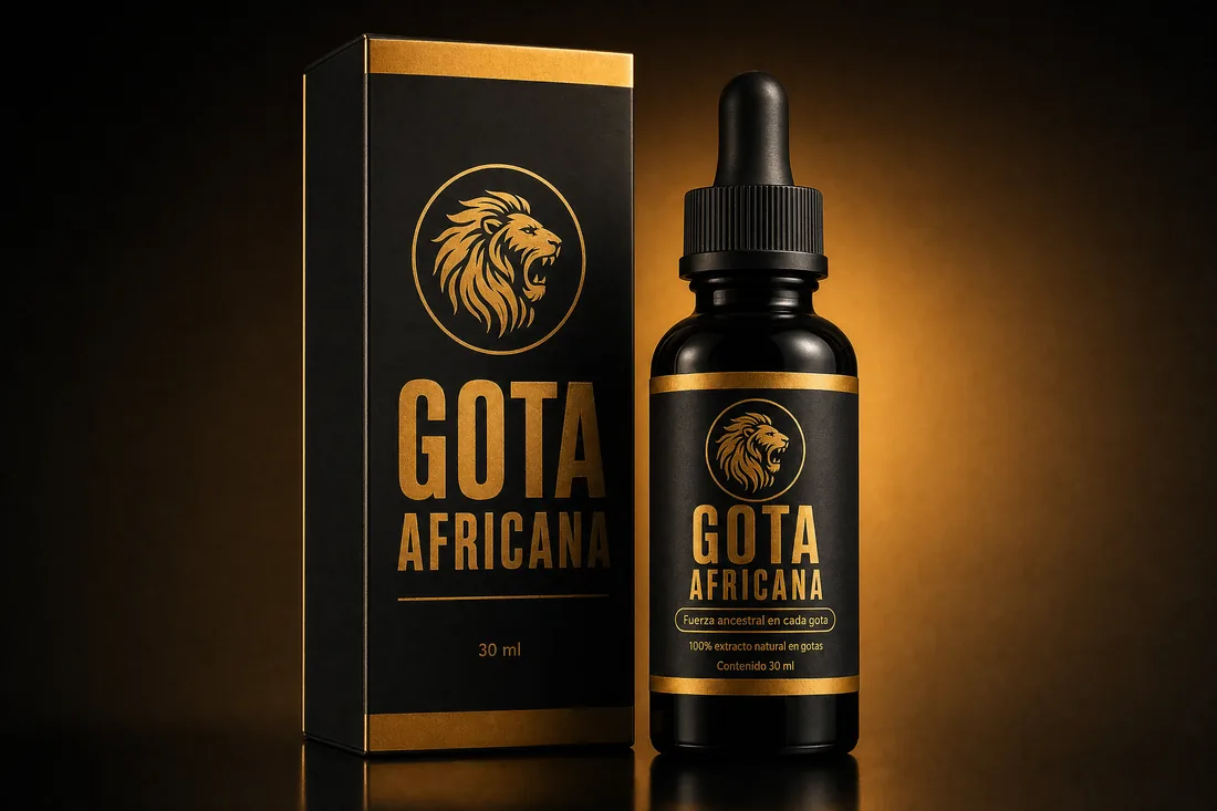 Frasco original de Gota Africana de 30 ml junto a su caja con número de lote